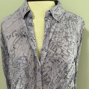 Pilcro Map Print Button-Up Shirt in Lavender Purple